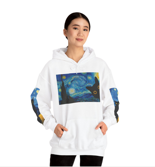 Starry Night Cat Hoodie - Cozy Sweatshirt, Cat Lover Gift, Artistic Apparel, Unique Sweatshirt for Fall, Night Sky Fashion