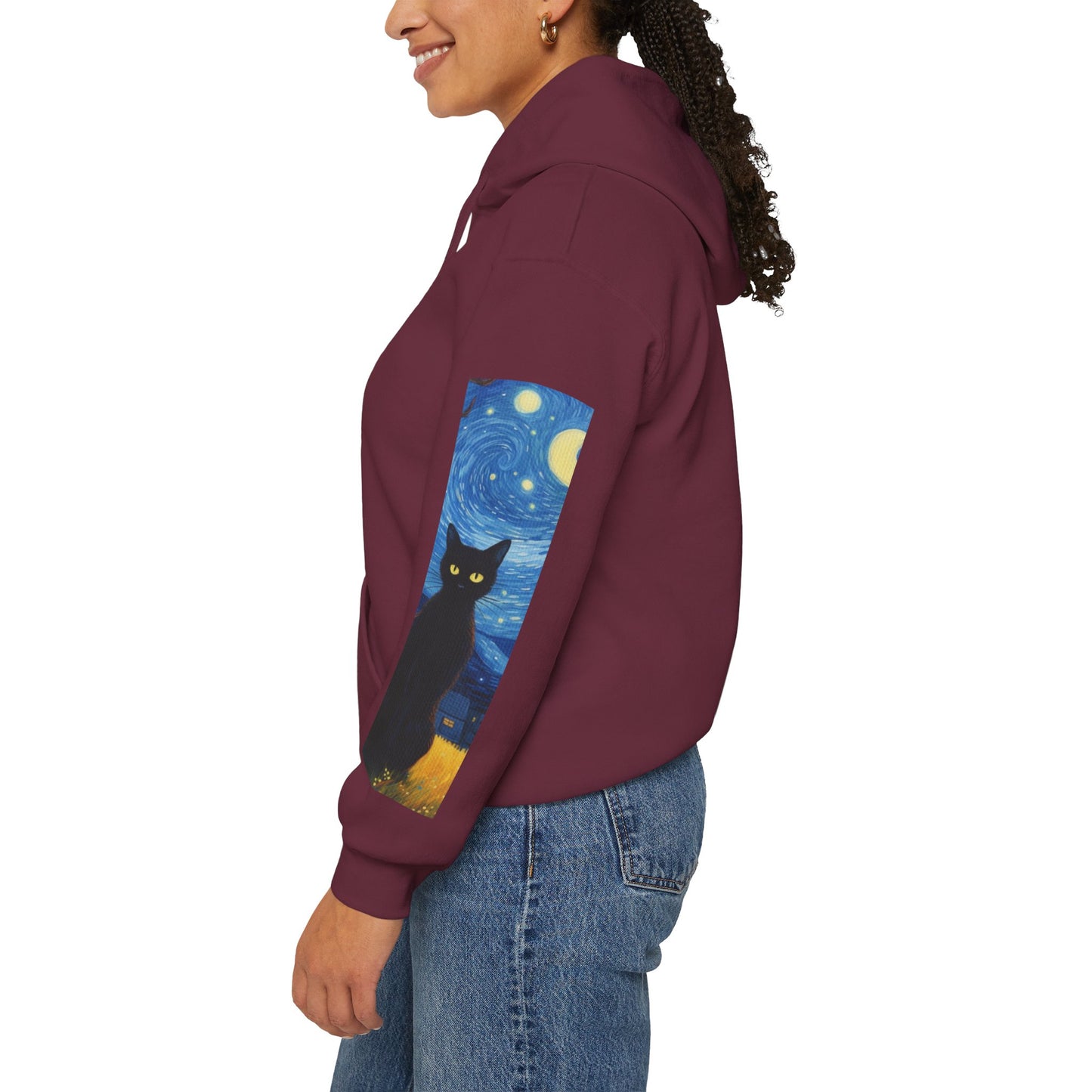 Starry Night Cat Hoodie - Cozy Sweatshirt, Cat Lover Gift, Artistic Apparel, Unique Sweatshirt for Fall, Night Sky Fashion