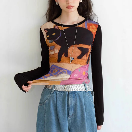 Women's Slim Fit round Neck Long Sleeve Shirt - Unique Cat Print Design