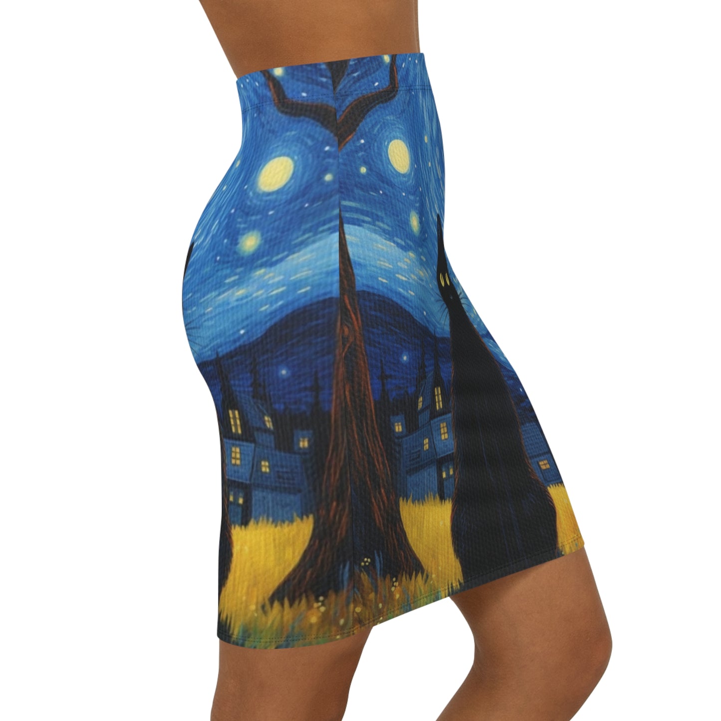 Starry Night Black Cat Skirt — Women's Mid‑Waist Art Skirt
