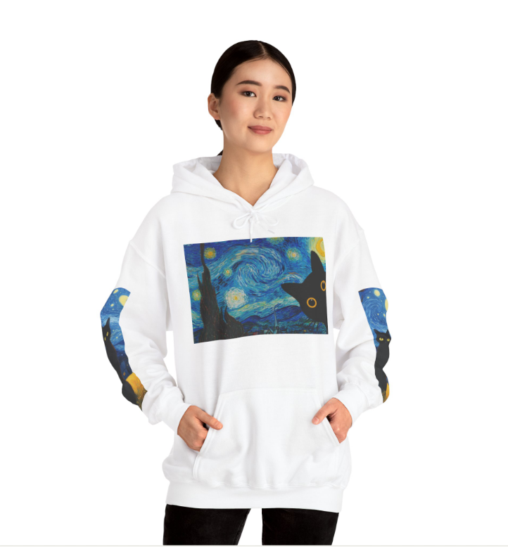 Starry Night Cat Hoodie - Cozy Sweatshirt, Cat Lover Gift, Artistic Apparel, Unique Sweatshirt for Fall, Night Sky Fashion