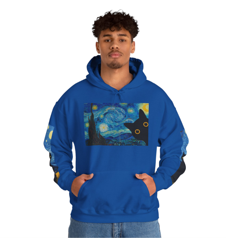 Starry Night Cat Hoodie - Cozy Sweatshirt, Cat Lover Gift, Artistic Apparel, Unique Sweatshirt for Fall, Night Sky Fashion