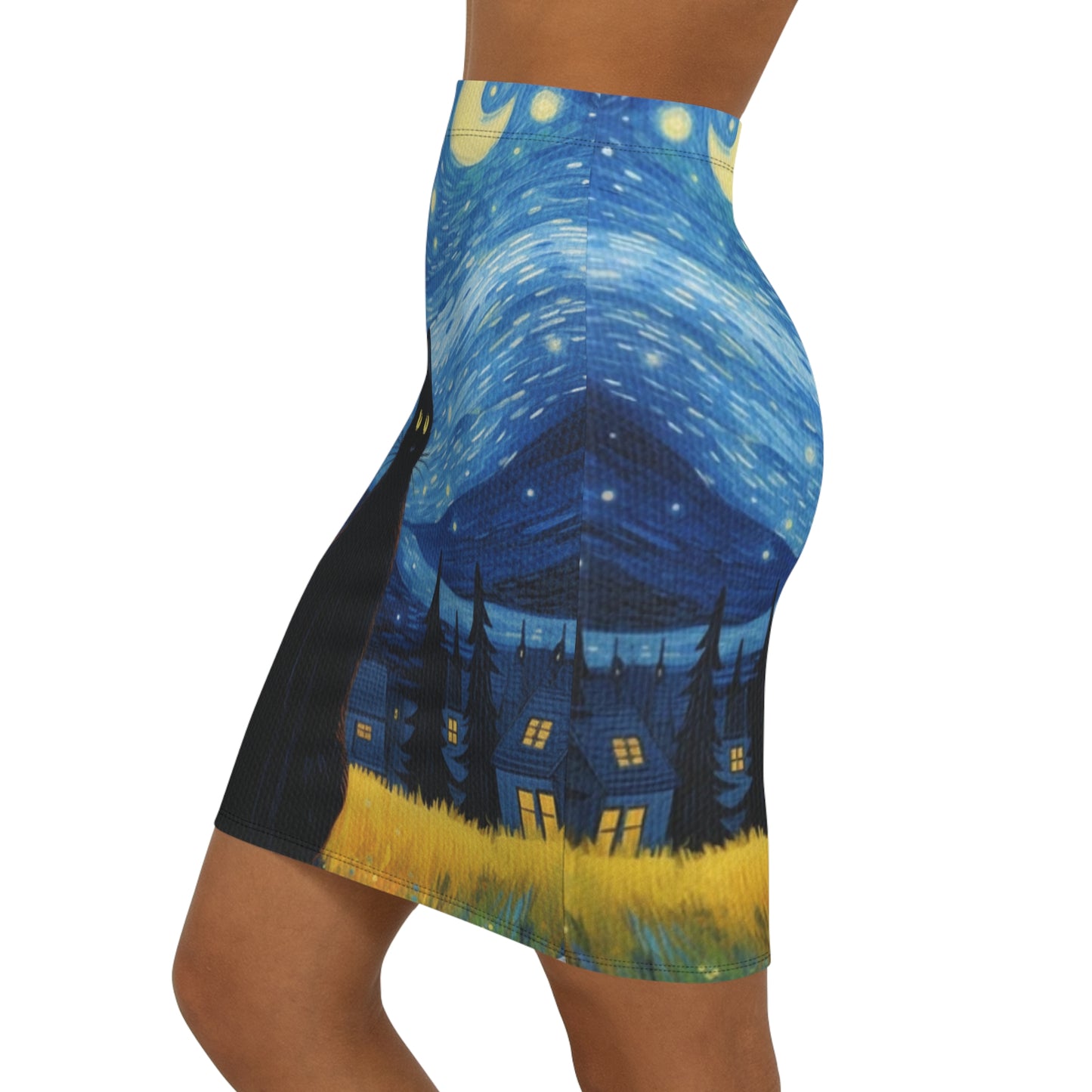 Starry Night Black Cat Skirt — Women's Mid‑Waist Art Skirt