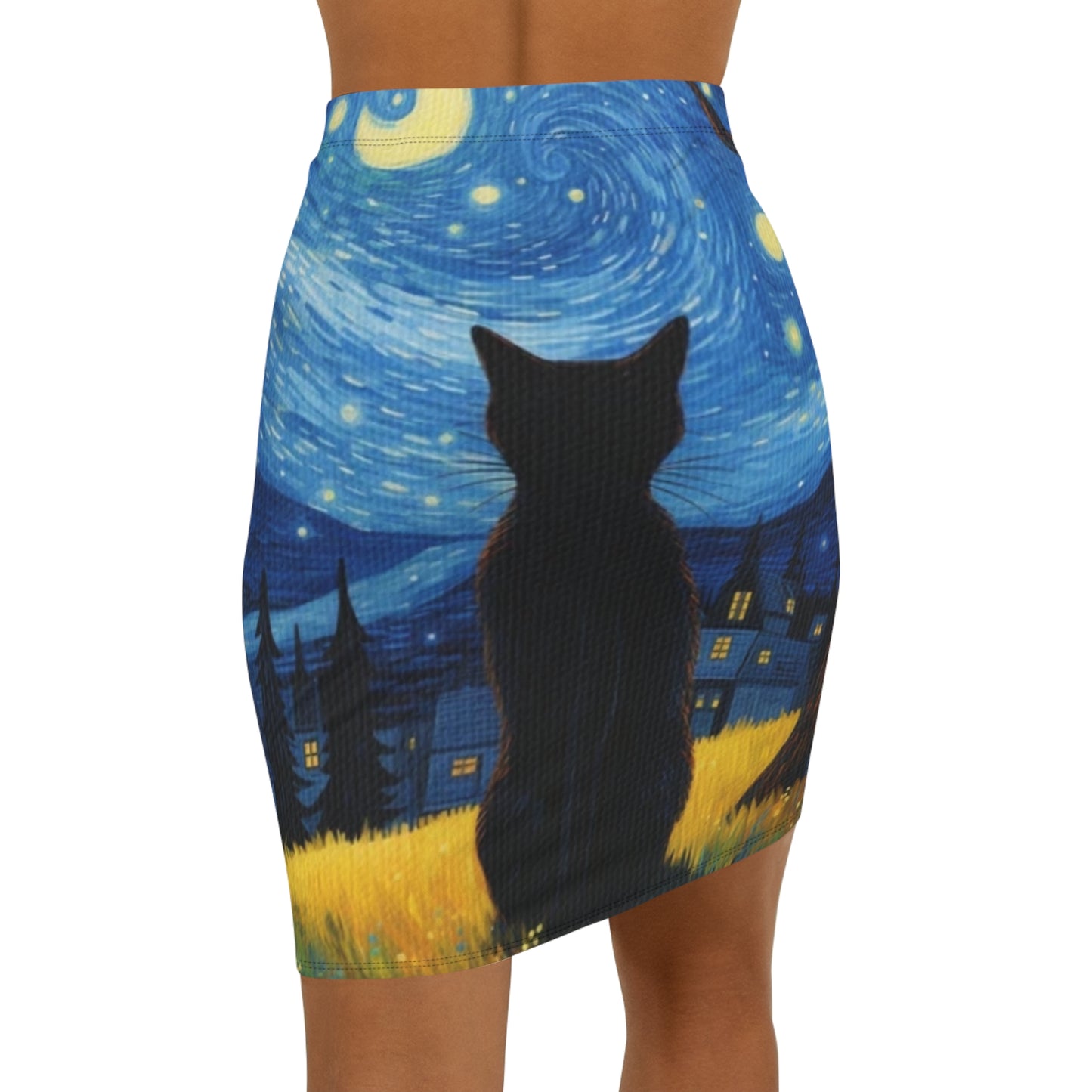 Starry Night Black Cat Skirt — Women's Mid‑Waist Art Skirt