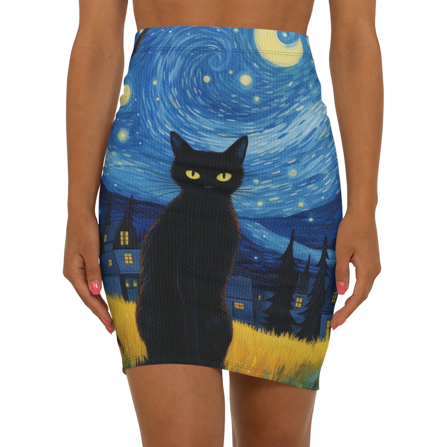 Starry Night Black Cat Skirt — Women's Mid‑Waist Art Skirt