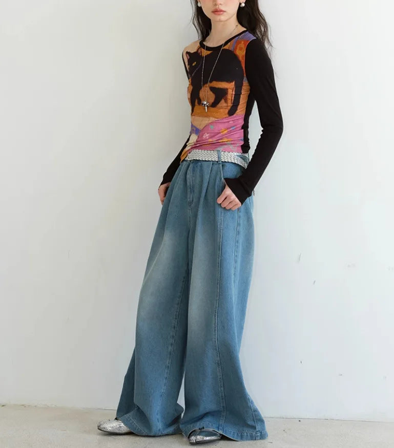 Women's Slim Fit round Neck Long Sleeve Shirt -  Unique Cat Print Design