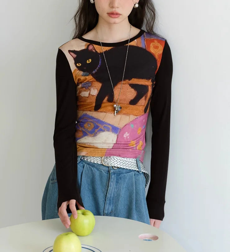 Women's Slim Fit round Neck Long Sleeve Shirt -  Unique Cat Print Design