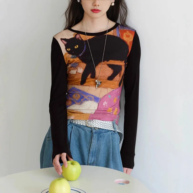 Women's Slim Fit round Neck Long Sleeve Shirt -  Unique Cat Print Design