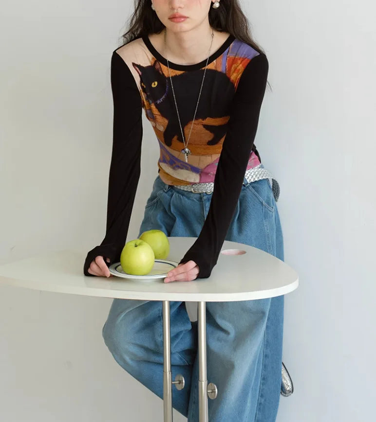 Women's Slim Fit round Neck Long Sleeve Shirt -  Unique Cat Print Design