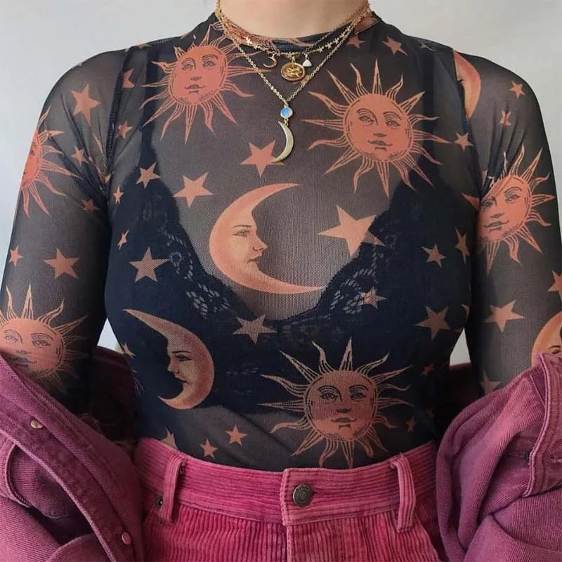 Sun Moon Transparent Mesh Shirt