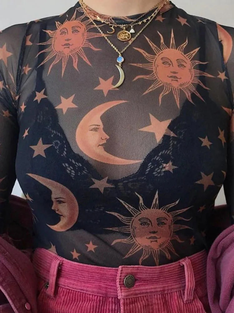 Sun Moon Transparent Mesh Shirt