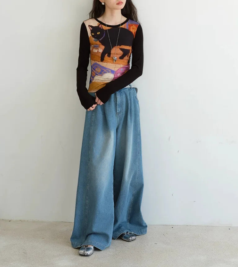 Women's Slim Fit round Neck Long Sleeve Shirt -  Unique Cat Print Design