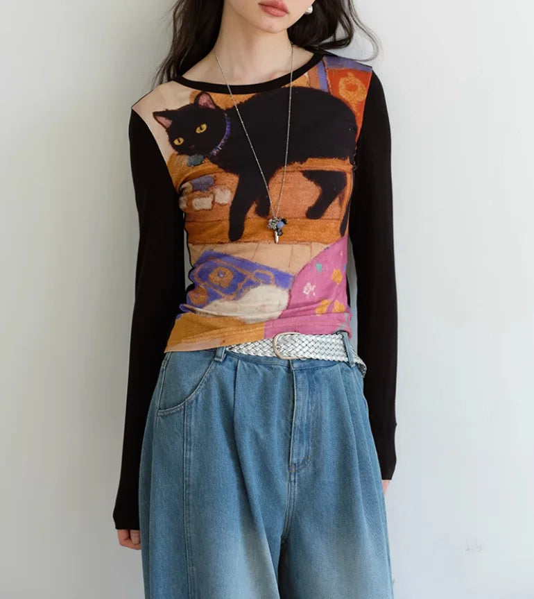 Women's Slim Fit round Neck Long Sleeve Shirt -  Unique Cat Print Design