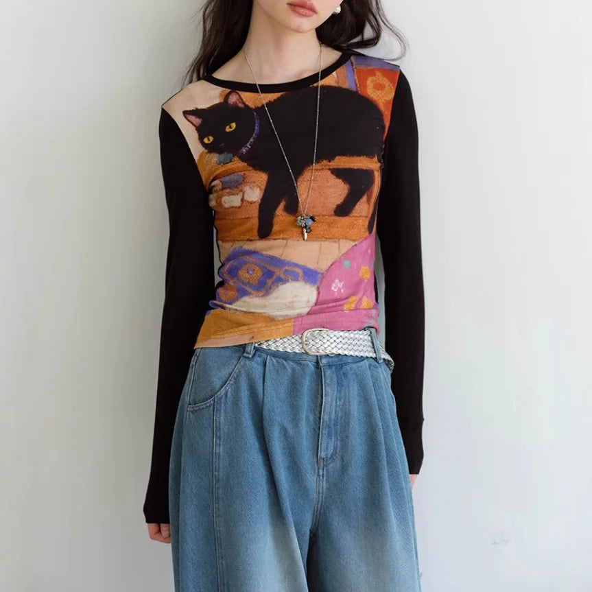 Women's Slim Fit round Neck Long Sleeve Shirt -  Unique Cat Print Design