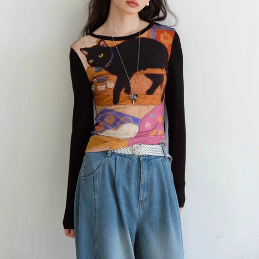 Women's Slim Fit round Neck Long Sleeve Shirt -  Unique Cat Print Design