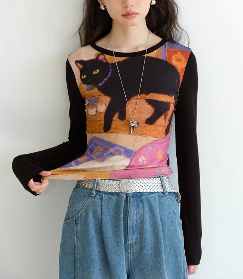 Women's Slim Fit round Neck Long Sleeve Shirt -  Unique Cat Print Design