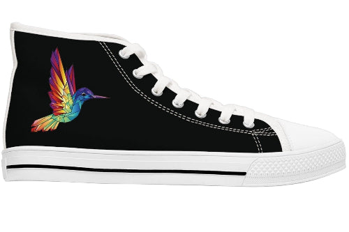 Black high-top sneaker with a colorful hummingbird design on a white background
