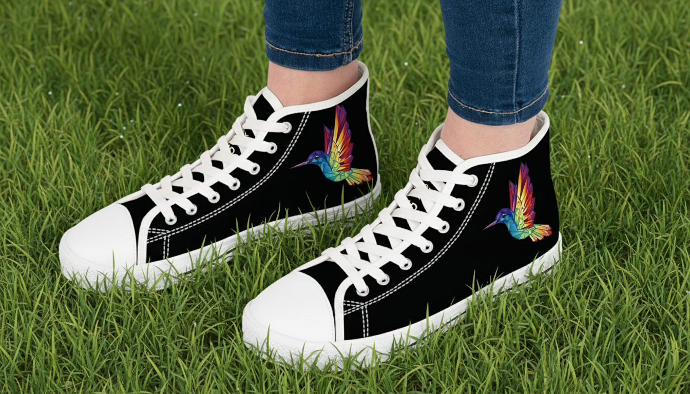 Black high-top sneakers with colorful bird designs on a white background